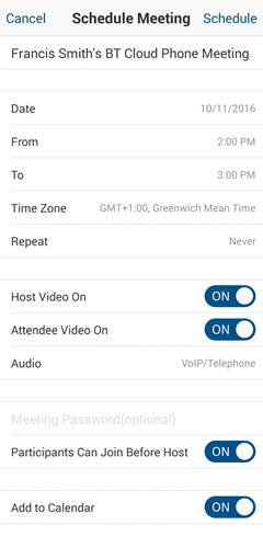 Meetings Mobile app - Schedule - Schedule Meeting screen