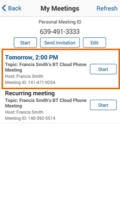 Meetings Mobile app - Upcoming - My Meetings - Select a meeting to modify