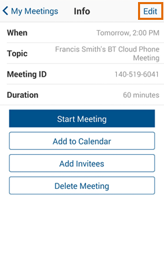 Meetings Mobile app - Upcoming - My Meetings - Edit a meeting