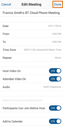Meetings Mobile app - Upcoming - My Meetings - Edit a meeting - Done