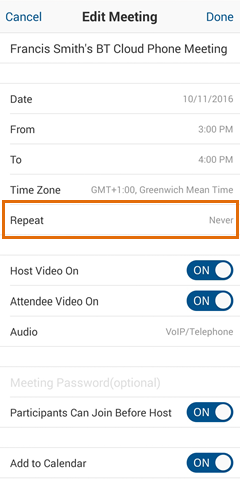 Meetings Mobile app - Edit Meeting - Repeat