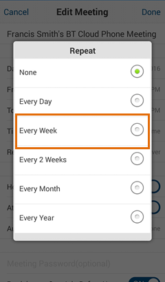 Meetings Mobile app - Edit Meeting - Repeat - Set occurence to Every Week