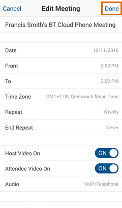Meetings Mobile app - Edit Meeting - Done