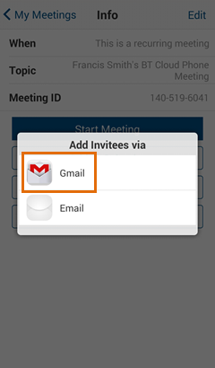 Meetings Mobile app - Edit Meeting - Edit - Send invites via Gmail