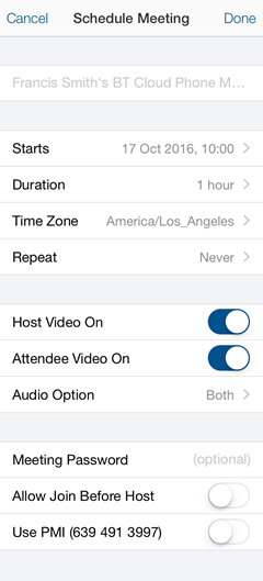 Meetings iOS - Schedule Meeting options