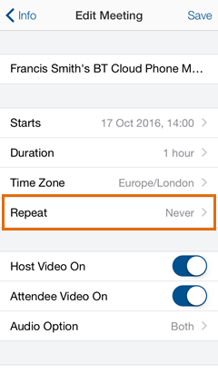 Meetings iOS - Upcoming Meetings - Edit Meeting - Tap Repeat