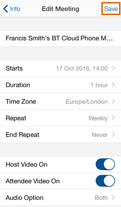 Meetings iOS - Edit Meeting - Review the meeting information, then tap Save