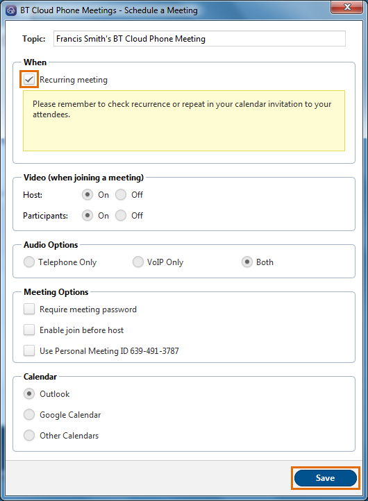 BTCP Meetings Desktop - Meetings - Updating Recurring Meetings - tick Recurring meeting, then click Save