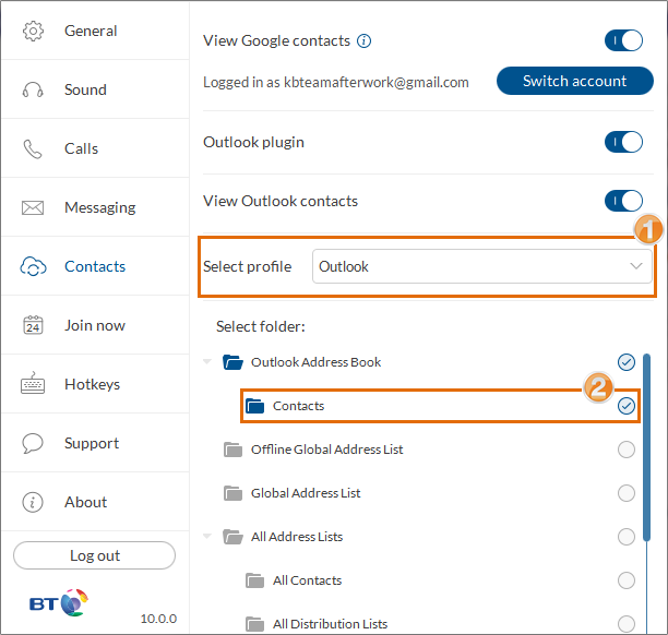 BT Cloud Phone Desktop app - Settings - Contacts settings - Select profile - Select Outlook